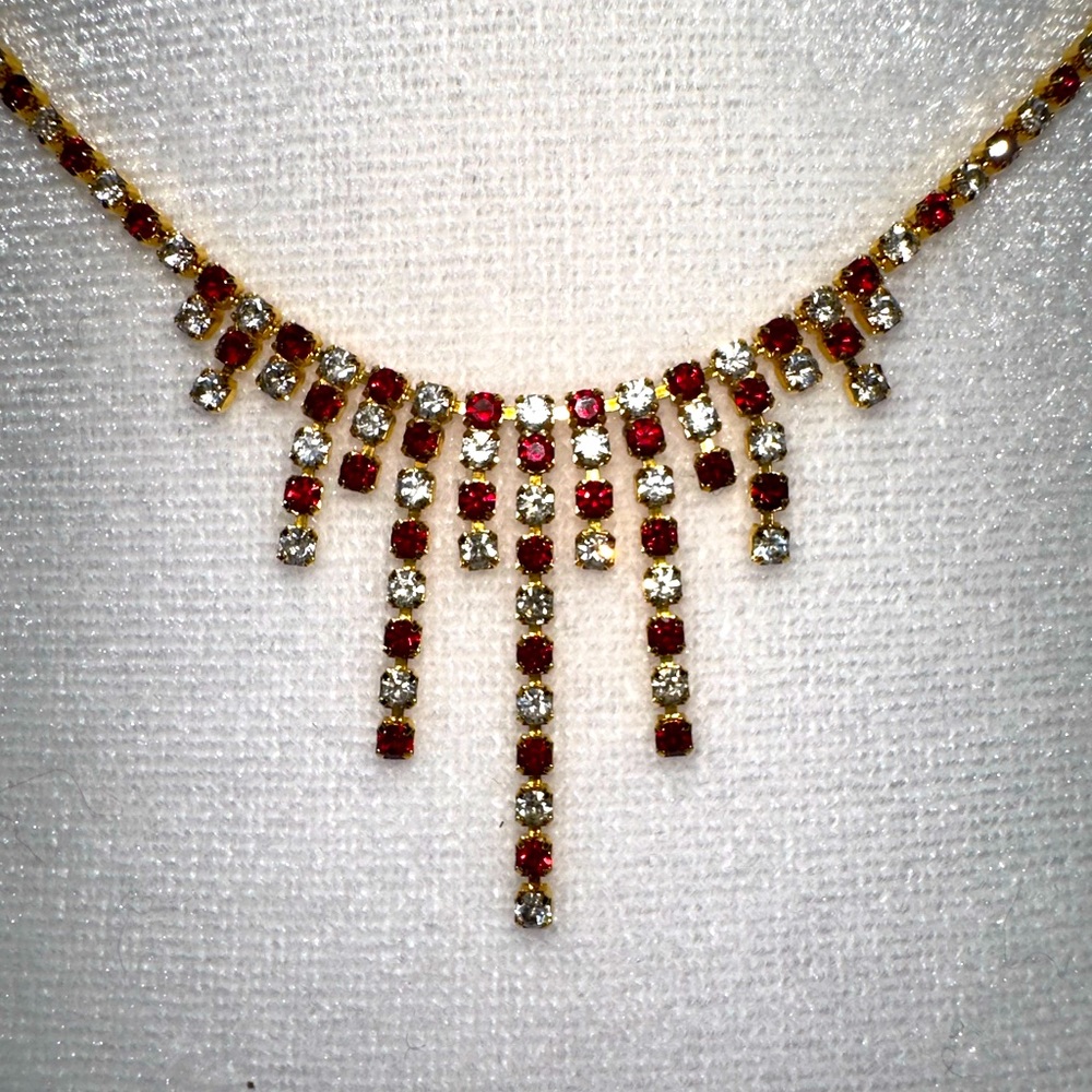 Vtg Crystal Rhinestone Necklace Red and Clear Stones Gold-Plated Backing
